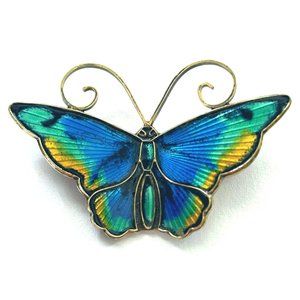 David Andersen Norway Sterling Silver Enamel Butterfly Brooch Blue Green Yellow